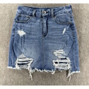 American Eagle‎ Distressed Denim Mini Skirt Women's Size 4 Raw Hem Blue Jean